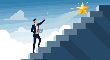A determined businessman holding a laptop ascends a staircase towards a shining golden star, symbolizing achievement and success in a vibrant flat design vector illustration against a clear blue sky