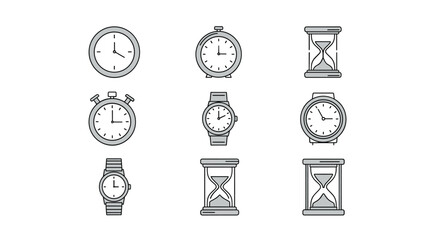 Collection of simple, isolated line icons representing time, including analog clocks, alarm clocks, stopwatches, wristwatches, and hourglasses, perfect for web, books, cards, and apps, with editable