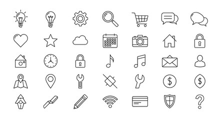 A comprehensive collection of outline icons representing various essential items and concepts, perfect for graphic and web design, app development, advertisements, and diverse card applications. This