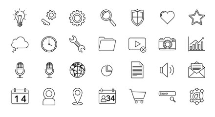 Collection of outline icons representing technology, business, and communication, perfect for infographics, articles, books, flyers, and banners. This editable stroke vector cartoon illustration