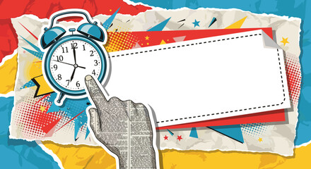 Dynamic retro-style advertising banner background featuring a vintage alarm clock with a hand pointing to it, set against a vibrant collage of torn paper, halftone dots, starbursts, and geometric