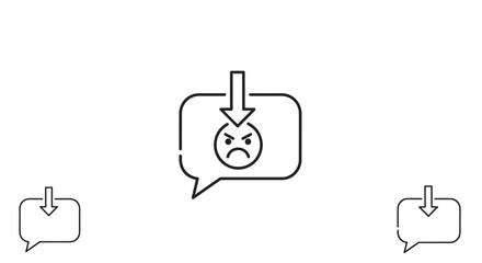 Vector illustration of a speech bubble containing an angry emoticon with a downward arrow pointing towards it, symbolizing negative feedback or complaints. This clean line art icon is presented on a
