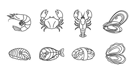 Set of minimalist outline vector icons representing various seafood and sushi dishes, including shrimp, crab, lobster, clam, mussel, fish fillet, sushi rolls, and oysters, presented in a clean