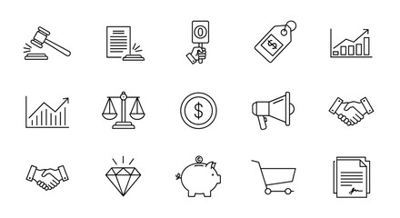 Set of business and finance line icons, including auction hammer, legal document, judge's gavel, price tag, financial graph, scales of justice, dollar coin, megaphone, handshake, diamond, piggy bank