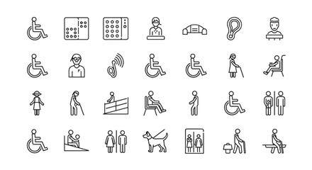 Accessibility Icons Pack: A comprehensive collection of thin line icons representing various aspects of accessibility, including wheelchair users, visually impaired individuals, hearing assistance