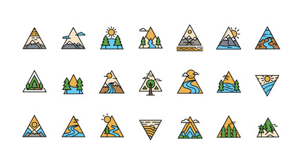 Abstract Triangle Nature Logo Design: A Vector Cartoon Illustration Set Featuring Mountains, Rivers, Trees, and Sun Under a White Background, Perfect for Outdoor and Adventure Branding