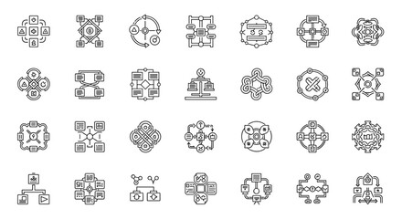 Collection of Algorithm and Scheme Icons, Perfect for Infographics, Articles, Books, Flyers, and Banners. Editable Stroke Vector Cartoon Illustrations for Business and Technology Concepts.
