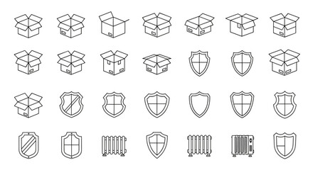 Set of 24 vector icons featuring open cardboard boxes, various shield designs, and radiators, presented with editable stroke lines on a clean white background, ideal for graphic design, web, cards