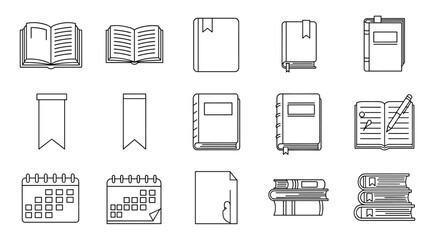 Collection of outline icons representing books, bookmarks, diaries, and calendars, perfect for graphic and web design, apps, adverts, and various cards, presented as a clean vector cartoon