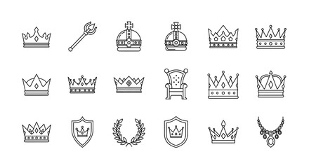Collection of Royal Symbols and Accessories, Featuring Diverse Crown Designs, a Scepter, a Throne, a Laurel Wreath, a Shield, and a Jeweled Necklace, Presented as Clean Line Art Icons for Graphic and