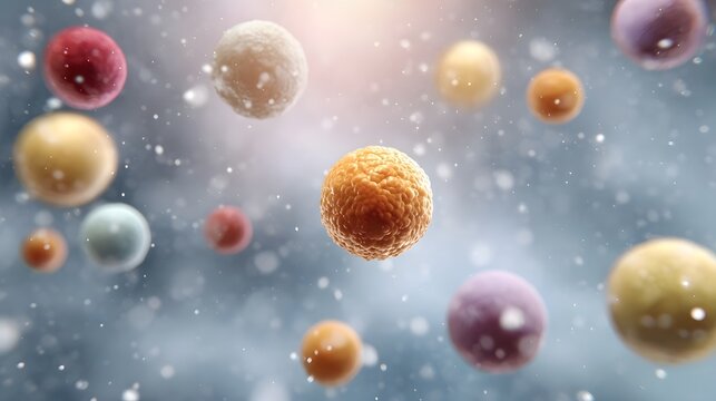 A vibrant collection of colorful microscopic spheres floating in a softly blurred snowy atmosphere