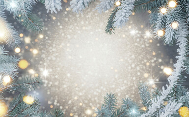 A serene winter scene featuring snowcovered pine branches adorned with delicate lights, creating a magical and festive frame for holiday greetings and designs christmas