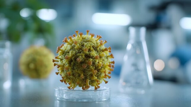 Detailed 3D model of a virus particle resembling coronavirus in a laboratory petri dish symbolizing scientific research and medical study