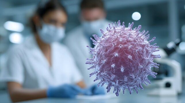 Microscopic virus particle magnified with scientists in a research lab focused on medical discovery