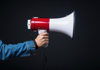 Hand holds red and white megaphone announcing loudly with clear message and amplification