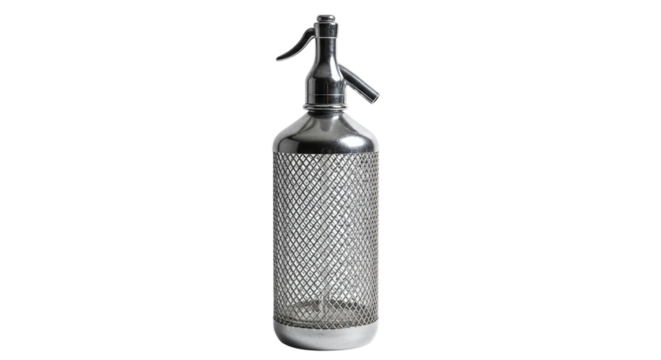 Vintage seltzer bottle with metal mesh isolated on transparent background, a classic piece of barware evoking nostalgia and sophistication for beverage enthusiasts