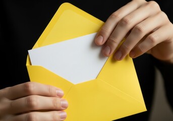 Hands opening a bright yellow envelope revealing a blank white card or message inside