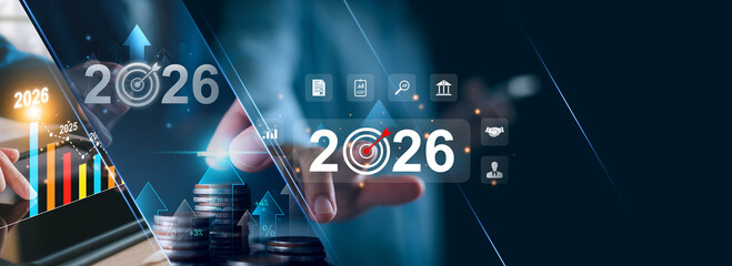 Business goals beginning 2026 new year banner concept, Businessman touching increase arrow investment graph future growth 2026. Financial planning target and strategy, Budgeting Plan and challenge