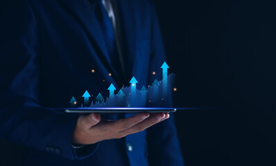 Business growth concept, businessman show growing market chart, economy trend, finance and investment, business strategy and planning
