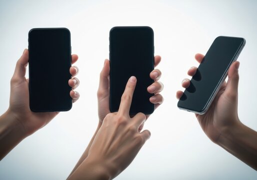 Three hands holding modern smartphones with blank screens for creative content adaptation