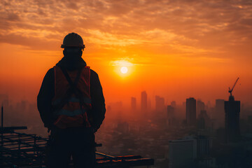 Fototapeta premium Construction Worker Silhouette at Sunset Over the City Landscape