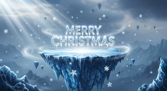 Merry christmas text on a floating ice island with snowflakes in a winter landscape creating a magical holiday scene for christmas cards and festive designs