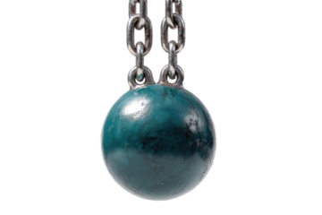 Heavy teal sphere, suspended by chains