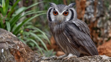 African white-faced owl with orange eyes perched on rock in natural habitat, professional wildlife photography with soft shadows and sharp focus.