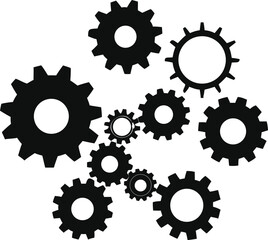 Black and white arrangement of various sized interlocking mechanical gears