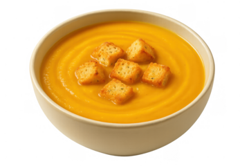 Delicious pumpkin soup topped with crispy croutons, ideal for a comforting meal, displayed against a clear backdrop