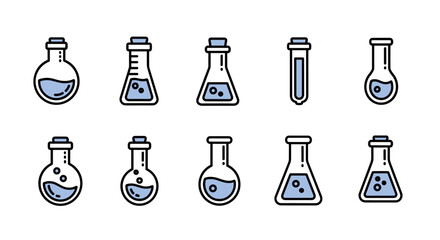 Set of laboratory flasks and test tubes with blue liquid, presented in a clean, modern cartoon illustration style, perfect for UI elements, placards, books, and apps, featuring editable strokes and