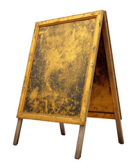 Worn, yellow A-frame sign with a darkened, textured surface