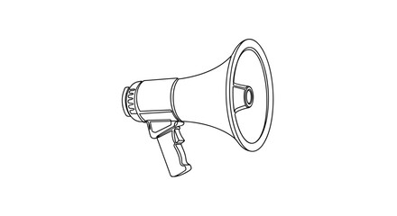 Minimalist one-line art illustration of a megaphone or bullhorn, rendered with a clean, editable black stroke on a crisp white background, symbolizing communication, announcement, and public speaking