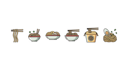 A collection of six minimalist vector illustrations depicting various noodle dishes, including noodles with chopsticks, bowls of ramen, and a takeout box, all presented on a clean white background