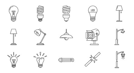 Collection of line art icons representing various types of lighting, including incandescent bulbs, energy-saving CFLs, modern LEDs, desk lamps, floor lamps, pendant lights, studio spotlights, and