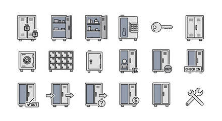 A comprehensive set of vector cartoon illustrations featuring locker-related icons on a clean white background, perfect for web sites, books, cards, and apps, with editable strokes for versatile