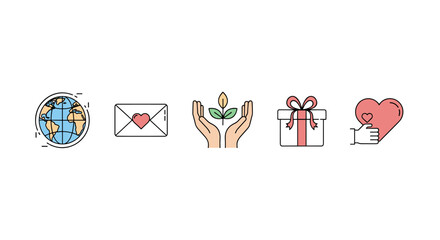 A collection of five minimalistic linear illustrations on a white background, featuring icons representing global connection, heartfelt communication, nurturing growth, thoughtful gifting, and
