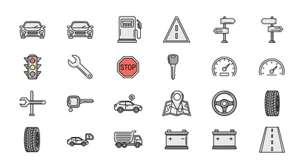 A comprehensive collection of flat line icons related to cars and transportation, including vehicles, gas stations, road signs, traffic lights, tools, and navigation elements, perfect for web design