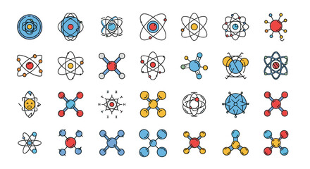A vibrant collection of filled color icons representing atoms and chemical compounds, featuring minimalistic linear pictograms ideal for web and graphic design, app interfaces, banners, and social