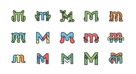 Set of 15 creative and modern "M" letter monogram logos, featuring a variety of styles including organic, geometric, and abstract designs, perfect for branding and identity projects. Each logo is