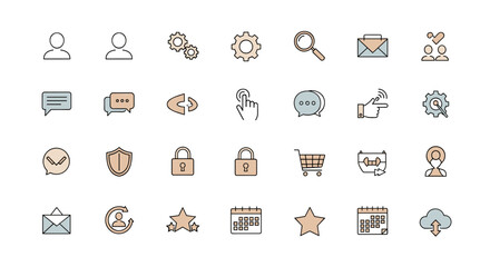 A collection of clean, modern line art icons in a pastel color palette, perfect for user interface design, web applications, and graphic concepts. This set includes essential symbols like user