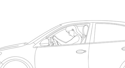 Outline illustration of a young woman driving a car with a sad expression and incorrect posture, emphasizing a bad pose for the spine and highlighting the importance of proper driving ergonomics for