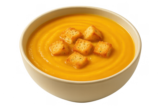 Delicious pumpkin soup topped with crispy croutons, ideal for a comforting meal, displayed against a clear backdrop