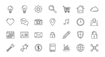 A comprehensive collection of thin line icons, featuring outline signs for graphic and web design, apps, advertisements, and various cards, presented as a vector cartoon illustration on a clean white