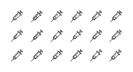 Seamless pattern of outline syringe icons on a white background, perfect for graphic design, web design, apps, advertisements, and various cards, offering a clean and modern vector cartoon