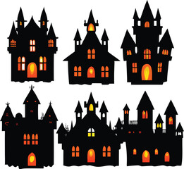 Silhouetted halloween castles with glowing windows create a spooky festive scene