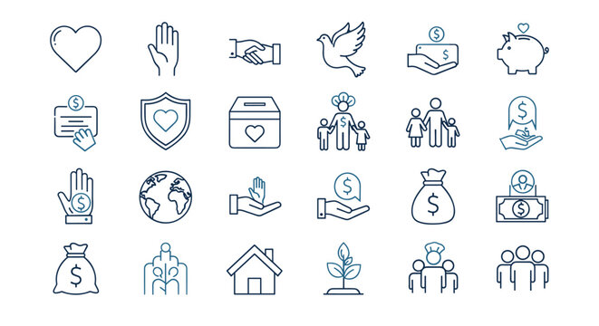 Charity icons, a modern outline design set featuring symbols of generosity, support, and community, including a heart, handshake, dove, donation box, family, piggy bank, and globe, all in a clean