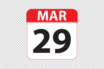 March 29 dates calendar icon.  simple and modern calendar icon on white background.