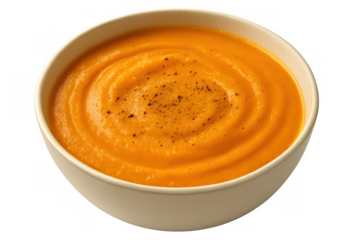 Creamy orange pumpkin carrot soup in a white bowl with pepper, a healthy vegetarian autumn recipe meal