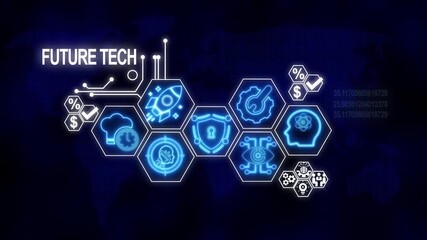 Futuristic technology icons over a dark blue world map background - Powered by Adobe